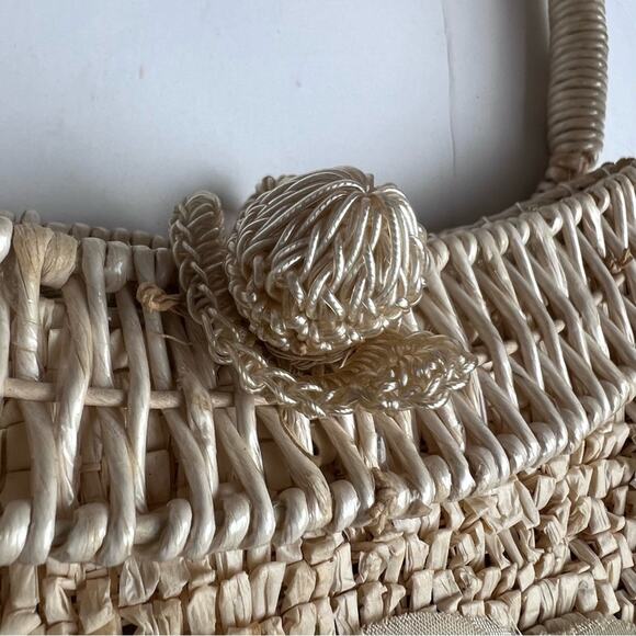 Vintage 1960 Caron Straw Wicker Round Seashell Embellished Purse Handbag Beige - Picture 3 of 14